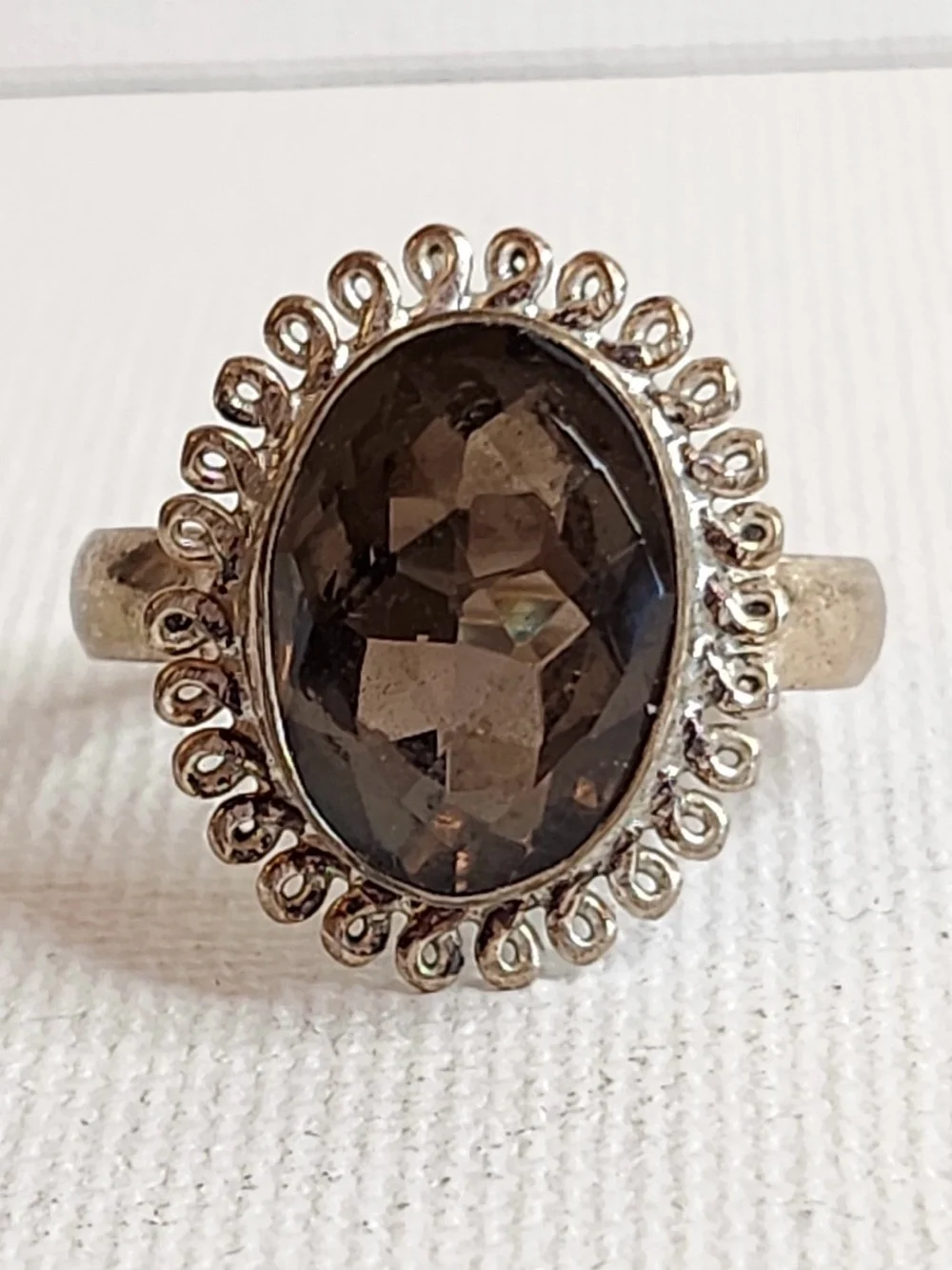 Smoky Quartz Oval Costume Silvertone Ring Elegant Dark Brown Gemstone Size 9.75